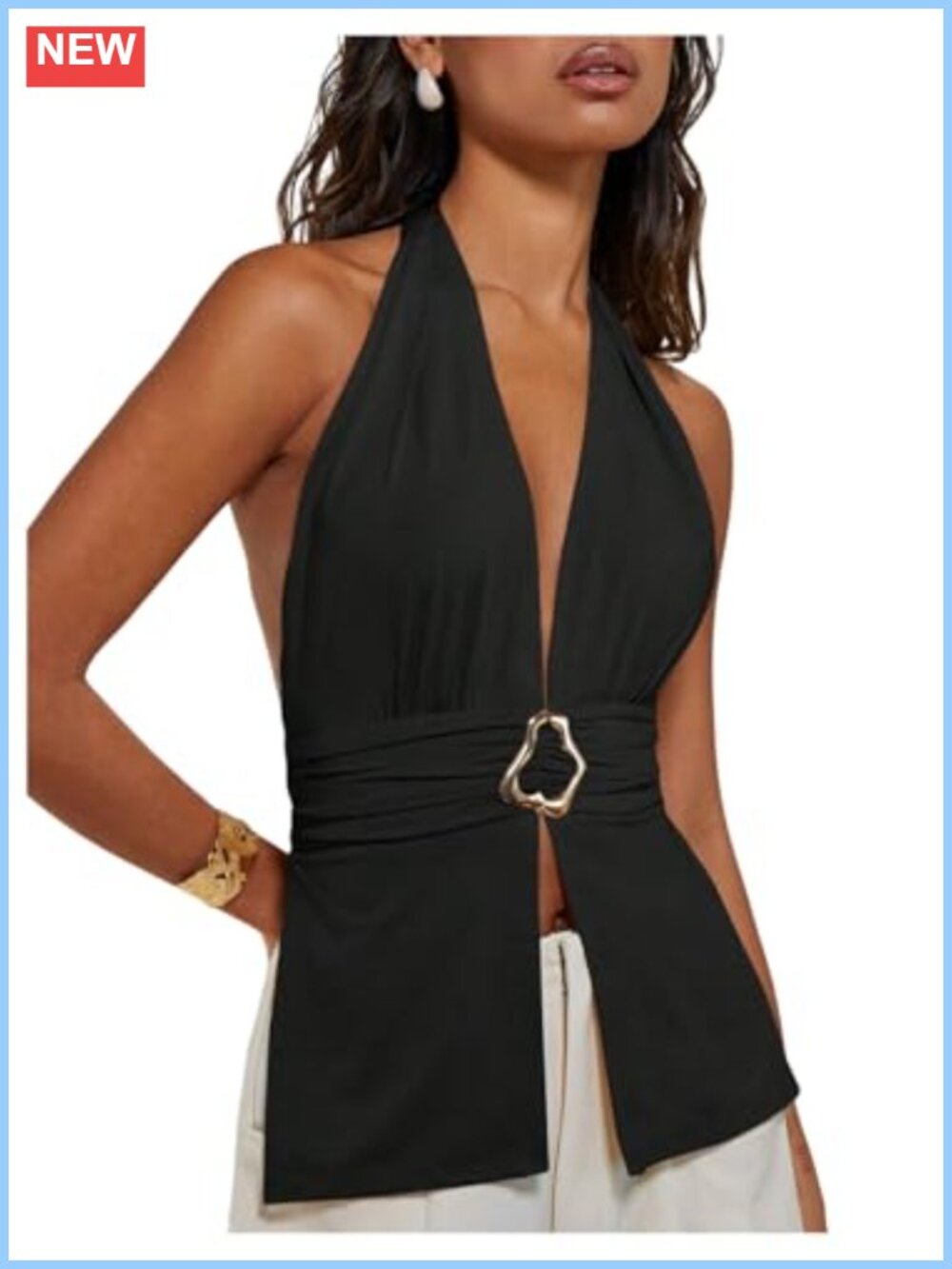 Backless Halter Top - Slit Hem Metal Ring Cinched Waist Y2K Party Top
